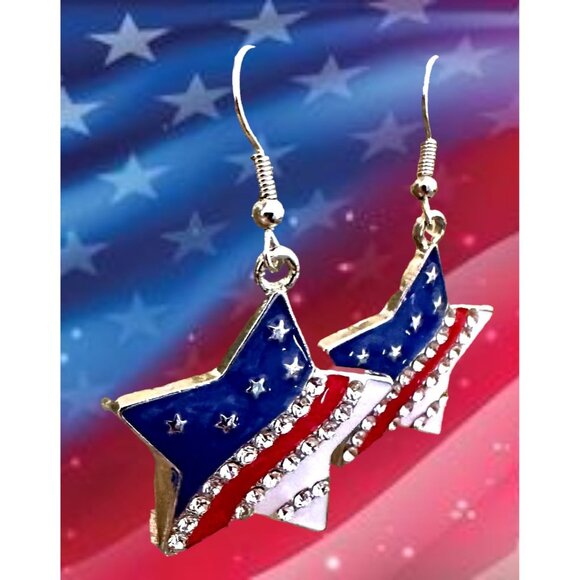 New Patriotic Star Earrings Rhinestones Dangle Patriotic July 4 Veteran'… - Picture 3 of 12